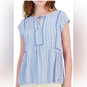 Tommy Hilfiger XL women’s printed crotchet trim top w/crew neck cap sleeve blue